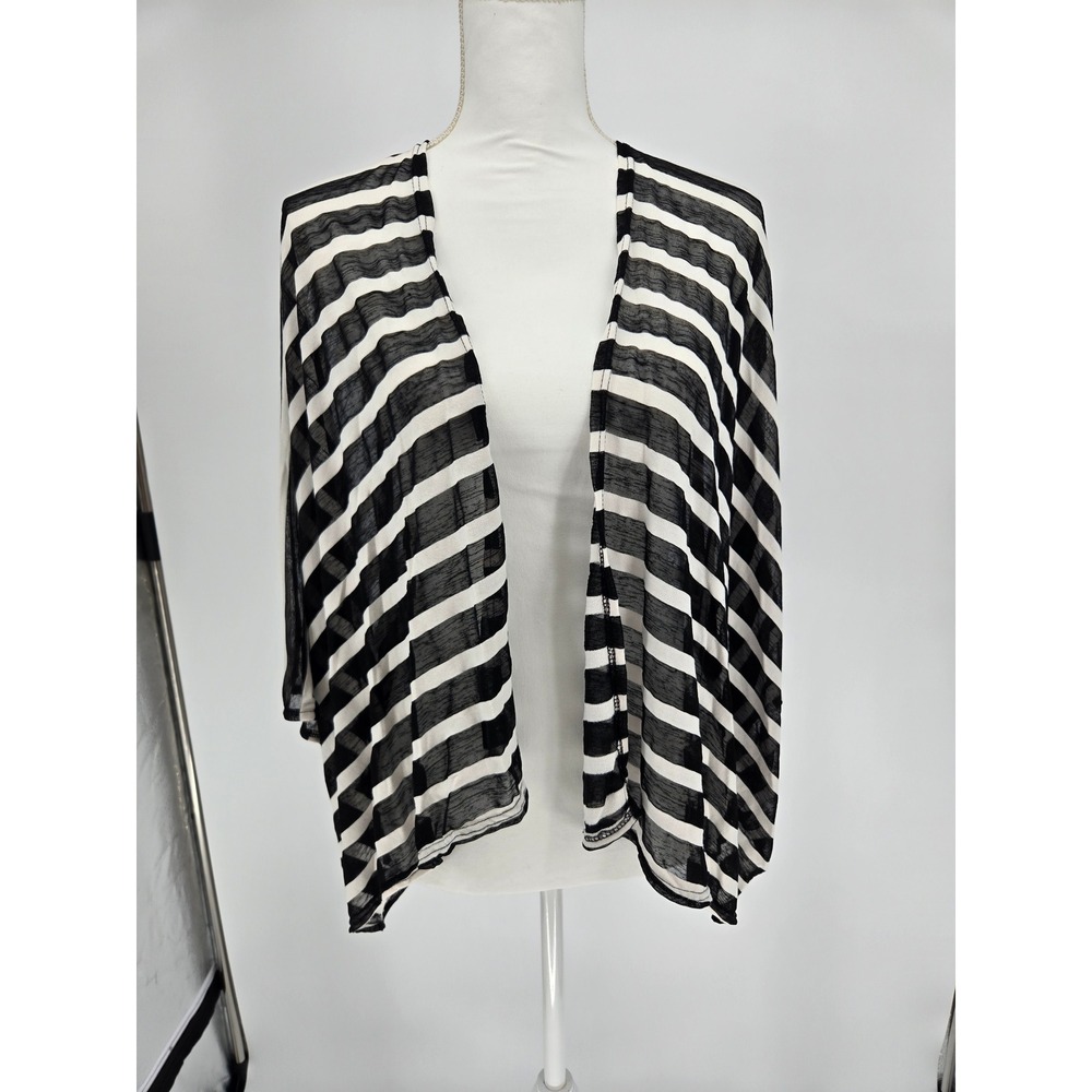 Womens Black White Striped Open Front Kimono Cardigan Slub Knit FG171247 OS